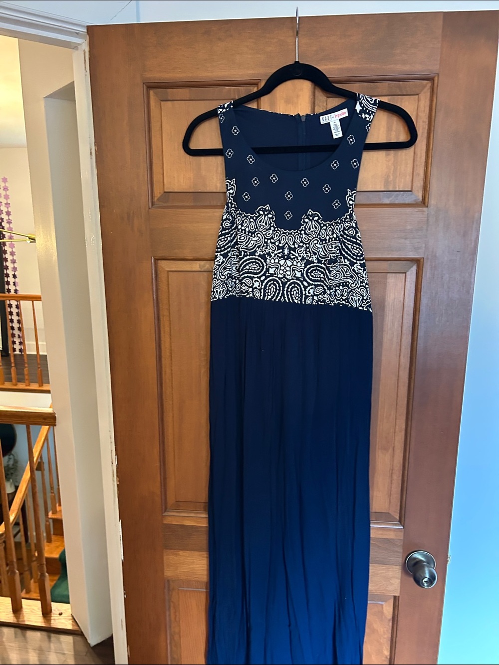 Sleeveless Navy Maxi Dress with White Paisley Bodice